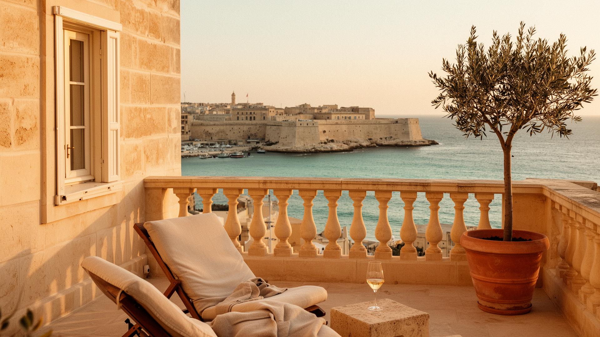 Sun-bleached Maltese terrace overlooking the Sliema seafront at golden hour